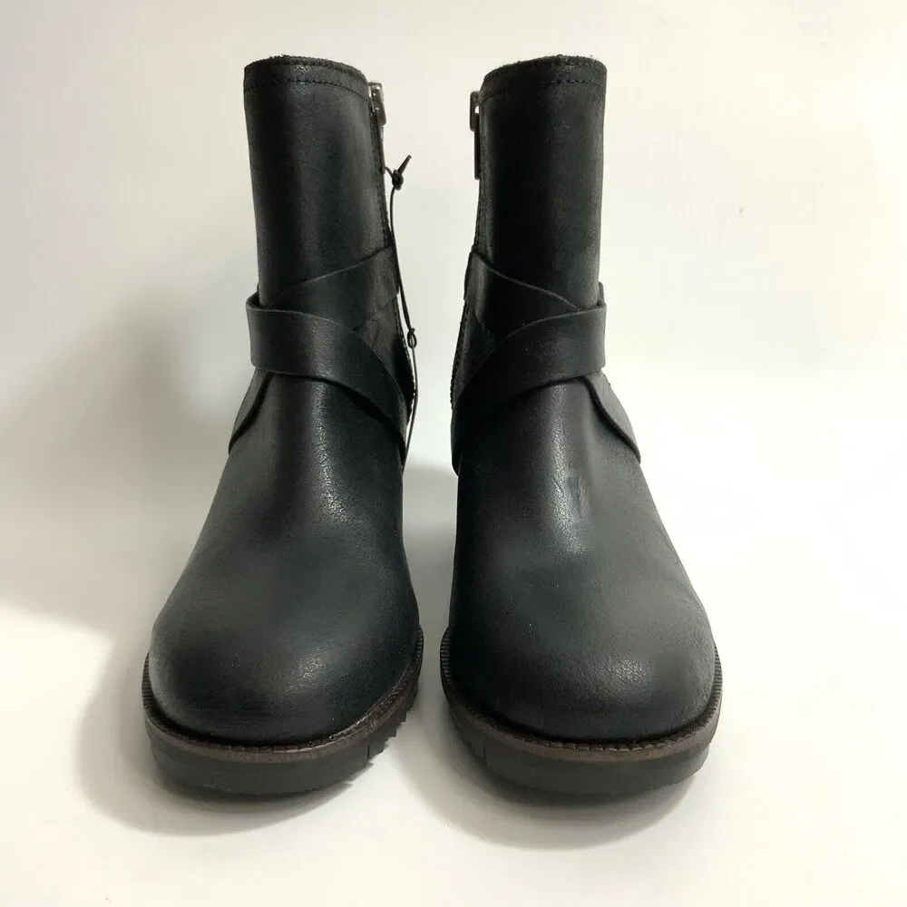 New Sorel Cate Waterproof Leather Boots Harness Buckle Zip Black 7.5